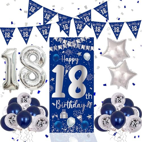 18 Geburtstag Deko Blau und Silber, 18. Geburtstag Junge Mädchen,18. Geburtstag Banner Ballons, Deko 18 Geburtstag Poster Hintergrund Banner für 18 Party Geburtstagsdeko Tür Wand Geburtstagdeko