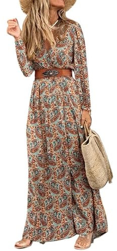Woolicity Women's Autumn Maxi Dresses, Boho Kleid Damen Langarm Blumenmuster V-Ausschnitt Herbst Strandkleid Fließend