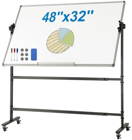 VEVOR Rollbares Whiteboard, 48 x 32 Zoll Doppelseitiges Magnetisches Mobiles Whiteboard, 360° Wendbare, Höhenverstellbare Trockenlöschtafel mit Rädern und Beweglicher Ablage