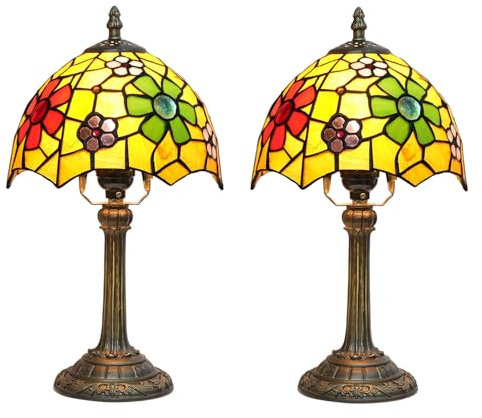 BOTOWI 2 Stück Tiffany-Lampe Kirschblüten Buntglaslampen Schlafzimmer Nachttisch Lampe für Schlafsaal Büro Kunst Handwerk Antik Dekor Nachttisch Vintage Metall Lese Schreibtischlampen 8 Sakura,Gelb