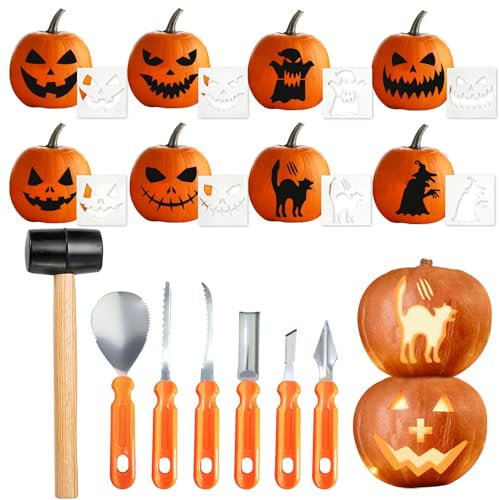 Halloween Kürbis Schnitzset mit Vorlagen,16-teiliges Halloween DIY Kürbis Schnitzset Kinder Pumpkin Schnitzmesser Kürbis Schnitzwerkzeug Carving Set für Kinder und Familie