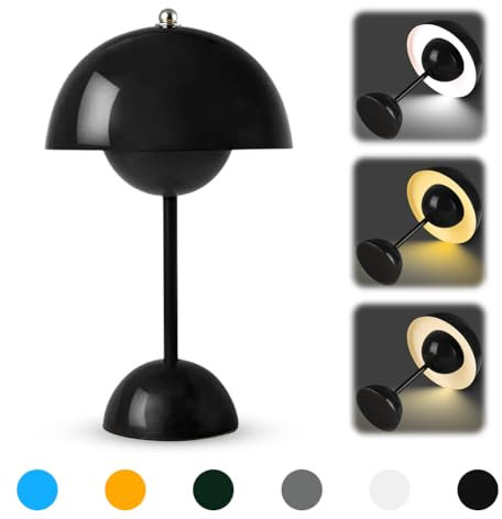 LED Tischlampe Kabellos, Akku Nachttischlampe Pilz, Pilzlampen Tischlampe Touch Dimmbar mit 3 Helligkeitsmodi, 3000k-6000k Retro Led Tischleuchte Aufladbar für Schlafzimmer, Büro, Restaurants, Schwarz