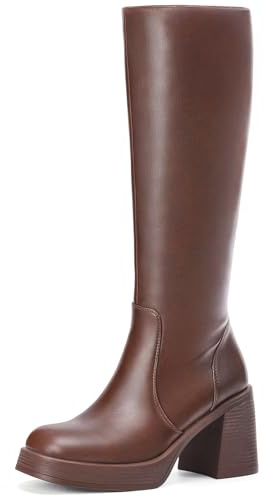 Choiran Brown Knee High Boots for Women - Platform Tall Boots Square Toe Chunky Block Heeled Gogo Boots BRN 7