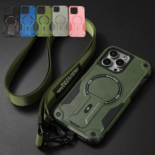 Outdoor Sports Long Strap Crossbody Magnetic Bracket Case for iPhone, Drop-Proof Magnetic Dual Layer Armor Case with Ring Kickstand for iPhone 16 Series (for iPhone14ProMax,Green)