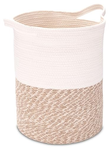 Decorasian Wäschekorb aus Jute und Baumwolle – Wäschesack groß und rund – großer Wäschesammler mit Griffen – Laundry Basket für Kinder - Größe D=30cm - S