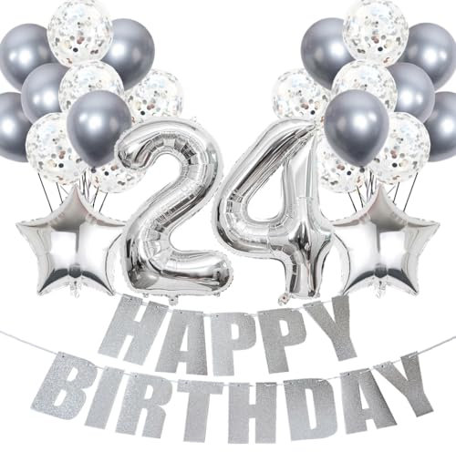 Conruich Luftballons 24. Geburtstag Dekoration, Silber Ballons Happy 24th Birthday DekoDeko 24 Jahre Frau, Folienballon Zahl 24 Silber, Deko 24. Geburtstag Frau, Geburtstagsdeko 24 Jahre Frauen Männer