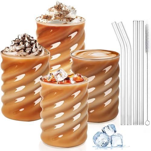 SILRIVES Trinkgläser mit Glasstrohhalme 350ml 4er,Latte Macchiato Gläser Set,Bubble Glas,Eiskaffeegläser Geriffelt,Wassergläser,Cappuccino Gläser,Longdrinkgläser,Cocktailgläser,Matcha Glas,Trinkglas