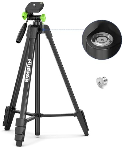 Huepar Trípode ligero portátil ajustable de 60 pulgadas para nivel láser con cabezal giratorio de 3 vías, 2 niveles de burbuja, montaje de rosca de 1/4 y 5/8 pulgadas para herramientas variadas, solo