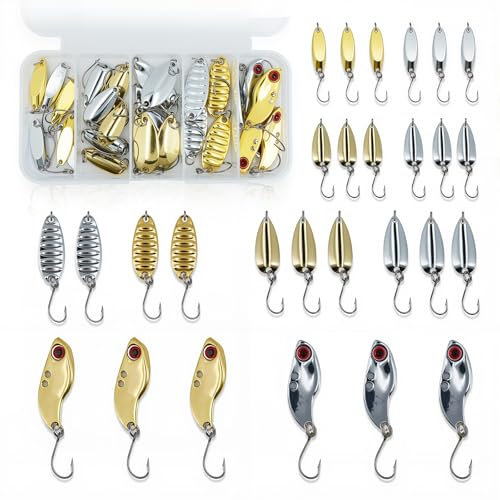 Metal Fishing Spoon Lures Set with Storage Box, 29 Pieces, Gold and Silver
