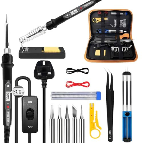AHDXKUE Soldering Iron Kit, 80W Soldering Iron with Adjustable Temperature 180-480°C Soldering Kit with 5 Soldering Tips, Desoldering Pump, Tin Wire Tube, Solder Iron Stand, Tweezers, Tool Case