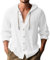 Mens Hoodie Cotton Linen Shirts Lightweight Hoodie with Chest Pocket Beach Tops Summer Button Down Tshirts Grandad Collar Shirts Loose Fit Long Sleeve Shirt, Summer Linen Shirt White