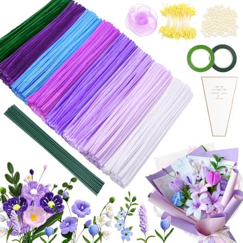 Epaing Pfeifenreiniger zum Basteln, 500 Stück 8 Farben Pipe Cleaner Flower Set, mit Staubgefäße, Blütenstiel, Nicht Porösen Perlen, Klebeband, Fischschwanzgarn und Blumentasche, Blumen Kreativ DIY