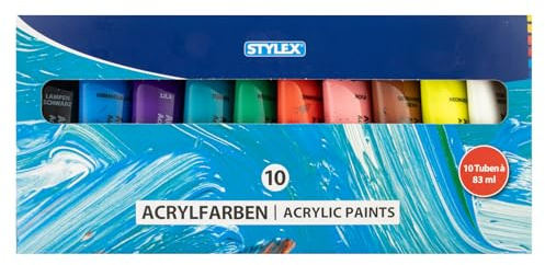 Stylex 28614 - Acrylfarben Set, 10 x 83 ml Tuben, 10 Farben auf Wasserbasis, lichtbeständig und wasserfest, schnelltrocknend, starke Deckkraft, für Leinwand, Papier und Stein