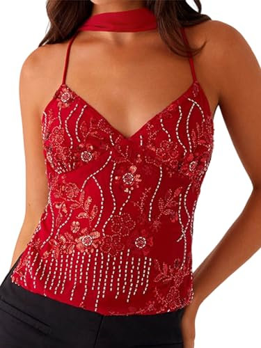 Damen-Top mit Pailletten, glitzernd, Neckholder, Y2K, Perlenverzierung, sexy Tank-Top, Ausgehen, Party, Clubwear, B-Rot, S