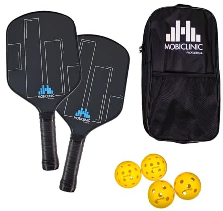 Mobiclinic®, Set de Pickleball, 2 Raquetas de Fibra de Vidrio, 4 Pelotas Interior y Exterior, Bolsa de Transporte, Empuñadura Ergonómica, Núcleo de Polipropileno de Panal, Mobiall, Grip Antideslizante