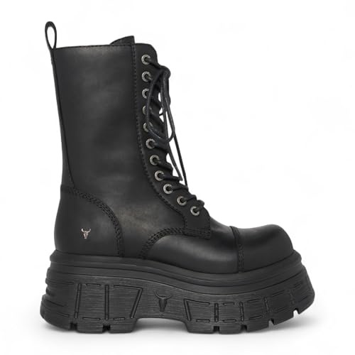 Stivali da Combattimento Con Plateau in Pelle Biker Nera a Metà Polpaccio da Donna Windsorsmith