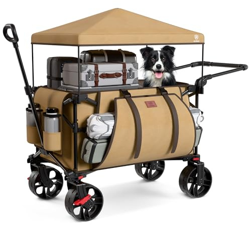 EVER ADVANCED XXL Bollerwagen faltbar 225L bis 150kg mit Bremse Dach Handwagen schieben&ziehen klappbar Strandwagen 20 * 8cm breite Räder Faltwagen für Camping Strand Einkauf Tier Braun Groß