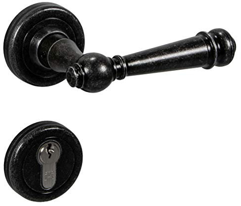 GedoTec Design Drückergarnitur Vintage | 1 Stück Türbeschlag Antik Schmiedeeisen Türklinke Zimmertüren - SILVRETTA-R | PZ- Zylinder | Türdrücker schwarz | Türgriffe im Landhaus-Stil mit Schrauben