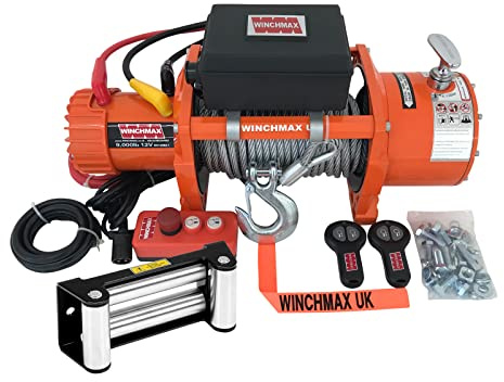 WINCHMAX 9,000lb Original Orange 12v Winch EN14492 Compliant. 24m x 9mm Steel Rope, 3/8 Inch Clevis Hook, Twin Wireless Remote Control