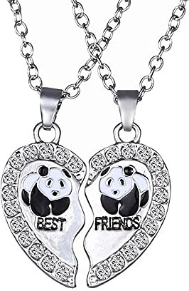 2 Stück Damen Kette Anhänger Silber mit Strass für Paar Pärchen,Herz Freundschaftsketten Best Friends Haslkette Gravur Panda , Schmuck Partnerketten für beste Freunde,Liebhaber und Couple Geschenke