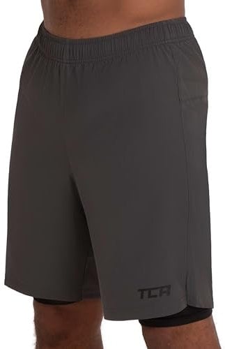 TCA Ultra Sporthose Herren kurz 2 in 1 mit Tasche - Kurze Sport Shorts Trainingshose mit Taschen - Laufhose mit Kompressions Innenhose und Reißverschluss Handytasche - Grau, L