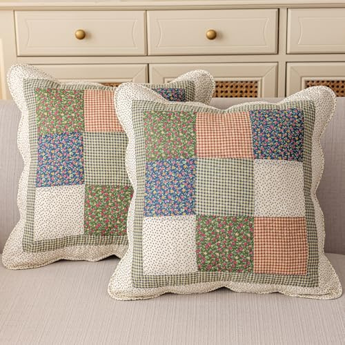 vctops Set of 2 Quilted 100% Cotton Boho Throw Pillow Covers 18 x 18 Farmhouse Country Floral Patchwork Decorative Cushion Cover, Patchwork Flower M