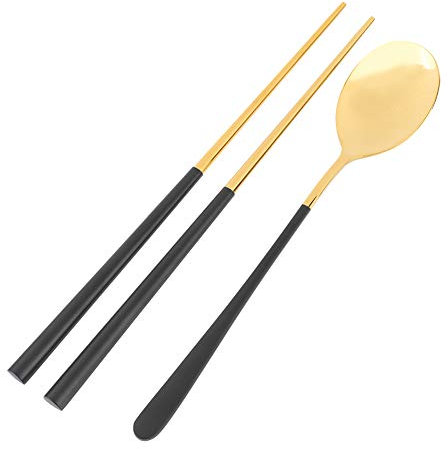 Palillos y Cucharas de Acero Inoxidable, Mango Largo Cuadrado Palillos y Cuchara, Reutilizables de Metal Plano Palillos y Cucharas, Mango Largo y Palillos de Sopa Coreana (Negro + dorado)