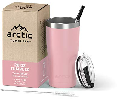 Arctic Tumblers Isolierter Becher mit Strohhalm und Reiniger, 590 ml, hält die Temperatur bis zu 24 Stunden – auslaufsicherer, spritzwassergeschützter Deckel, doppelwandige Vakuumtechnologie, BPA-frei