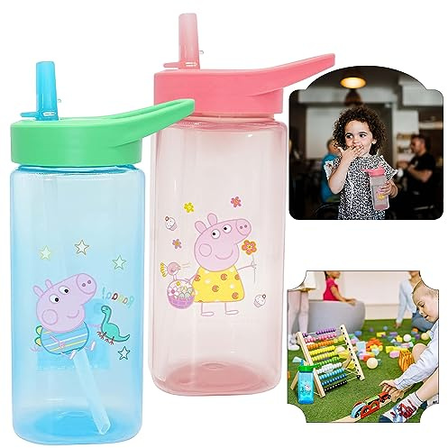 Wasserflaschen mit Strohhalm, 420 ml, Kunststoff-Wasserflasche, quadratisch, rosa und blau, BPA-frei, Trinkhalm, für Kinder ab 6 Monaten (Peppa und George Pig), 2 Stück
