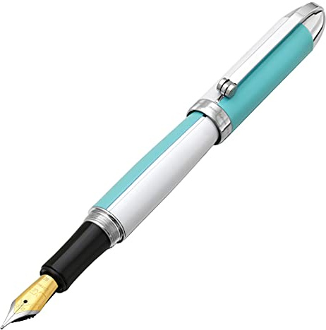 Xezo Visionary Brass and Aluminum Fountain Pen, Medium Nib. Hand Lacquered in Sky Blue and White Color. Numbered in Limited Edition of 500. Classic Art Deco Color Pattern. Retrofuturistic Style