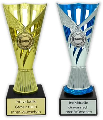 Pokal Gold mit Wunschtext | Silber Pokal mit Gravur | Pokal als Geschenk für Frauen und Männer | Geschenk für Mitarbeiter | Wanderpokal mit Emblem | Kollegen Geschenk in 2 Größen (19cm, Silber)