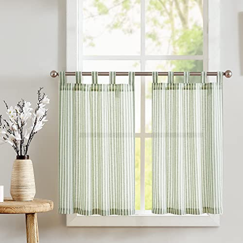 TOPICK 2er Set H 90 x B 65 (cm) Gestreifte Scheibengardinen Schulaufen Leinen Gardinen mit Streifen Küchenvorhang Blickdicht Kurz Küchengardinen für Küchen Esszimmer Badezimmer Grün auf Beige