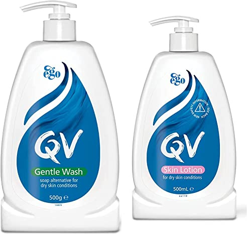QV Gentle Wash 500g, Soap-Free, Moisturising, Low Irritant, PH Balanced, Body Wash for Eczema and Dry Skin Conditions & Qv Lotion 500Ml