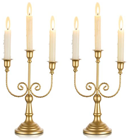 Sziqiqi Kandelaber-Kerzenhalter Aus Metall, 2er-Set – Goldene Kerzenhalter, 3-Armige Konische Kerzenständer für Hochzeit Geburtstag Esstisch Tafelaufsätze Weihnachtliche Kamindekoration, 29,5cm Hoch