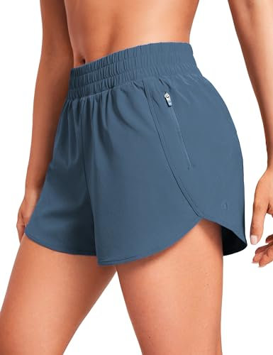 CRZ YOGA Damen Kurz Sporthose Laufhose High Waist Fitness Sport Shorts Kurze Hose mit Reißverschlusstasche Dunkelviolett blau 38
