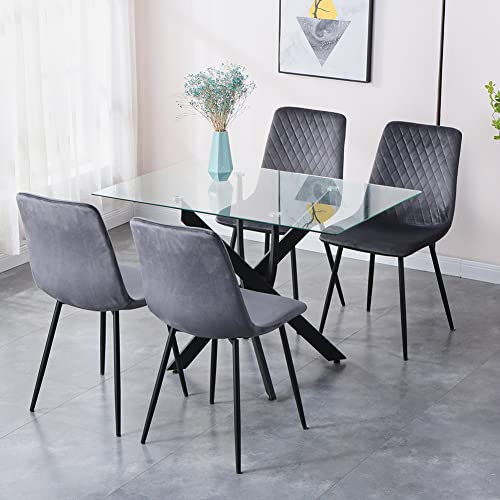 GOLDFAN Table a Manger avec 4 Chaises, Table en Verre et 4 Chaises de Cuisine pour 4 Personnes, Gris
