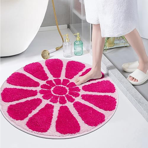 BOVEU Badezimmerteppiche, klein, rund, Badematte, rosa Blumenteppich, rutschfest, saugfähig, waschbar, niedlicher Kreis-Teppich für Badezimmerdekoration, Badewanne, Schlafzimmer (rosa, rund, 61 cm)
