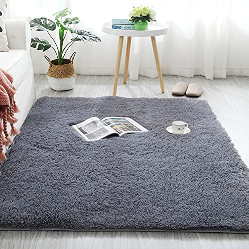 MARATIP Flauschiger Teppich für Wohnzimmer, große Größe, modernes Wohnzimmer, Mädchen, weicher und Flauschiger Teppich für das Schlafzimmer(Silber grau,160 x 230 cm)
