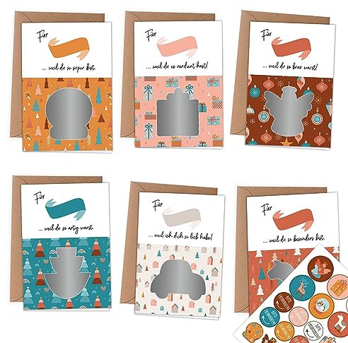 Papierdrachen 6 Klappkarten zum Freirubbeln zu Weihnachten in DIN A6 - mit 6 Packpapierumschlägen und passenden Dekoaufklebern - Verschicke einzigartige Weihnachtspost - Boho - Set 01