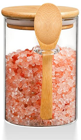 WHJY Glasglas mit Deckel und Löffel, luftdichte Glasdosen aus Bambusdeckel, Hafergläser, Hundeleckerli-Glas für Haustier, Glas, Süßigkeiten, Kekse, Kaffeedose, Badesalzbehälter – 590 ml