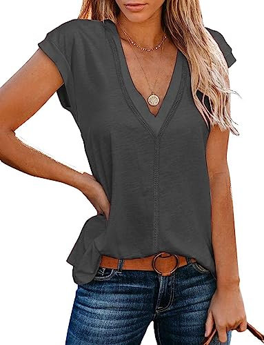 iChunhua Ladies Cap Sleeve Tshirts V Neck Vests Long Summer Soft Tops Dark Grey XX-Large
