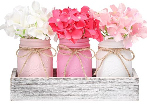 Valentines Decor, Valentines Mason Jar Centerpiece for Table with Wood Tray, Pink Painted Decorative Mason Jars for Valentines Decorations Table Kitchen Decor, Valentines Gift for Women