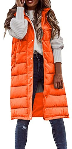 Christmas 2024 New Christmas Winter Mantel Ärmellos Damen Kapuzenweste Lange Warme Mantel mit Taschen Steppjacke Outdoor Jacke Pelzmantel Herren, Orange, 52