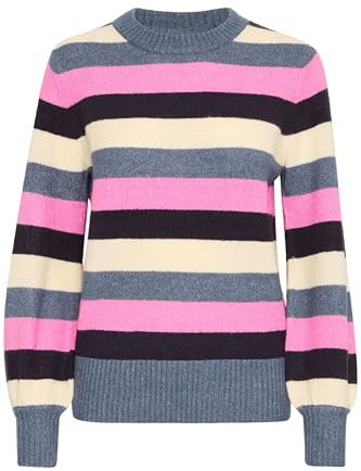 ICHI IHEDEN Damen Strickpullover Feinstrick Pullover Pulli mit Rippkragen Rippbündchen leicht elastisch Loose fit, Größe:S, Farbe:Multi Color Stripe (201759)