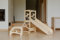Weco Montessori Kinder Lernturm 3 in 1 Baum Design mit Rutsche und Tritthocker FSC Zertifikat Schreibtisch Montessori Möbel Küchenhelfer klappbar Stylisch Lernturm (Klarlack)