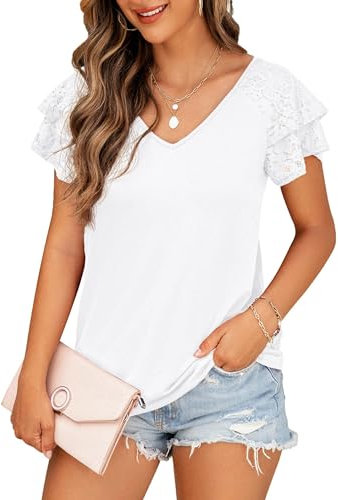 QIXING Women's Summer Blouses Double Lace Ruffle Short Sleeve V Neck Tops Loose Casual Tunic T-Shirts for Women UK (White, L)