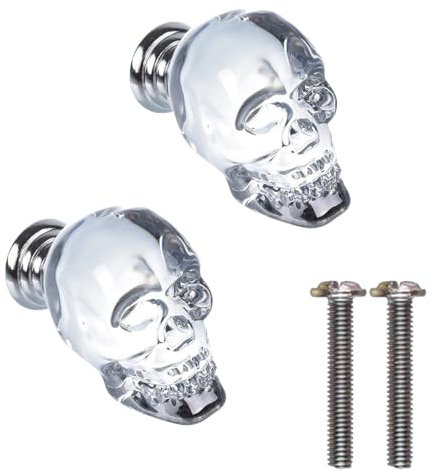 BE-TOOL Lot de 2 boutons de porte en forme de tête de mort en cristal avec vis, poignées transparentes pour commode, armoire, placard, meubles décoratifs