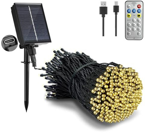 Tacobey Solar Lichterkette Außen Warmweiß -20M 200 LED Lichterkette Aussen Solar und USB Aufladbar mit Fernbedienung, 8 Mode, Wetterfest, für Outdoor Gartern Terrasse Balkon Deko