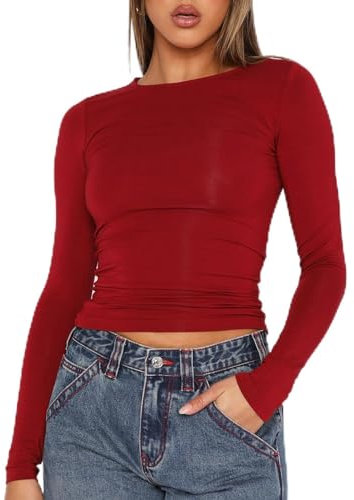 Geagodelia Women's Long Sleeve Top Elegant Ladies Going Out T-Shirt Y2K Fashion Aesthetic Clothes Outfit Streetwear Skims Dupe Spring Summer (D - Red, M)
