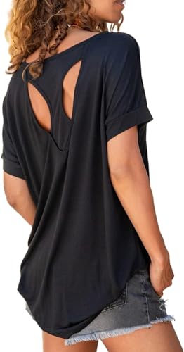 Fisoew Sportshirt Damen Fitness Kurzarm Yoga T-Shirt Leicht Gym Sport Oberteile Locker(Schwarz, XL)